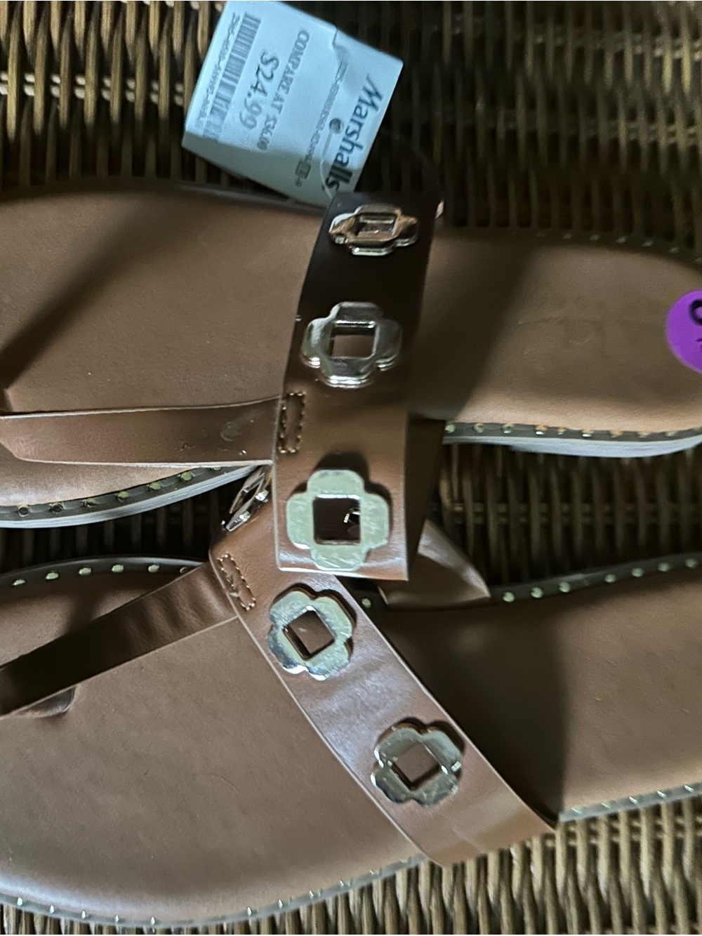 Nicole Miller Tan Leather Slide Sandals with Silver Accents